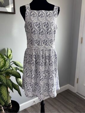 LOFT White Dress with Navy Botanical Print
